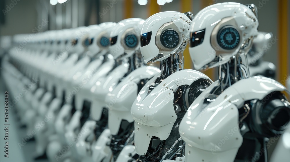 Fototapete A detailed perspective presents a robotic control system, where a centralized interface oversees multiple autonomous robots working in sync.