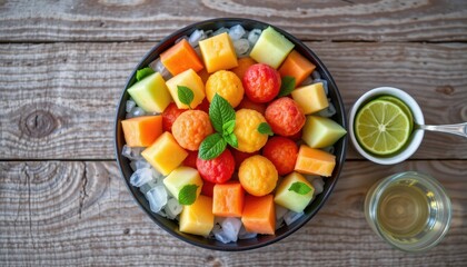 overhead shot of a fruit platter with assorted melon balls served on a bed of crushed ice with mint leaves and a small bowl of lime wedges suggesting a refreshing summer appetizer
