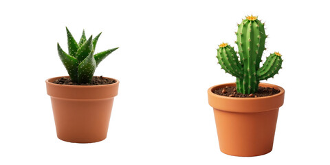 Fototapeta premium Set of Two Potted Cacti on transparent Background Featuring a Spiky Green Aloe Vera Plant and a Columnar Cactus with Yellow Flowers in Terracotta Pots