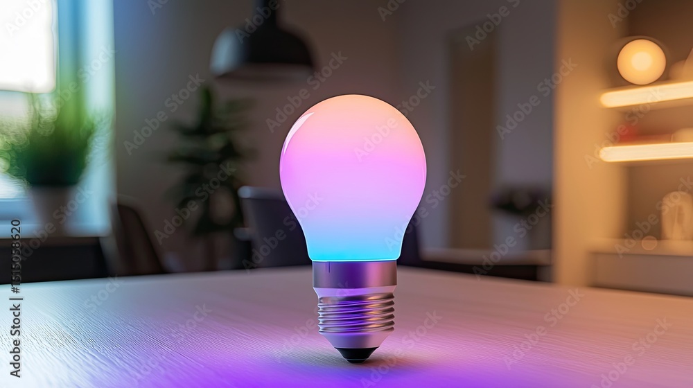 Poster A macro image of a smart light bulb featuring color-changing LED technology that can be controlled via an app, exhibiting a contemporary style.