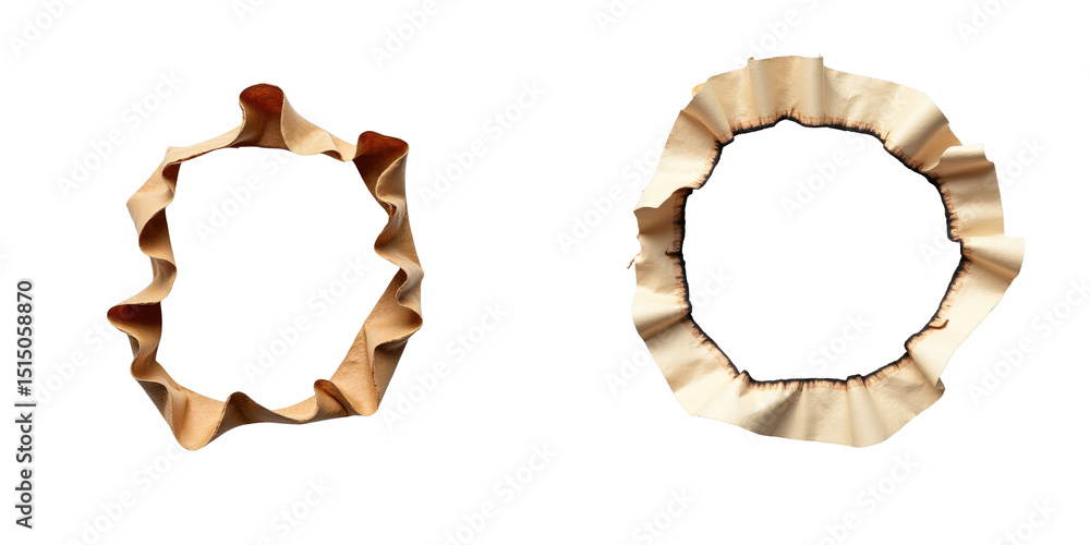 Poster two distinct wooden pencil shavings shaped into circular forms with wavy edges on a solid transparen