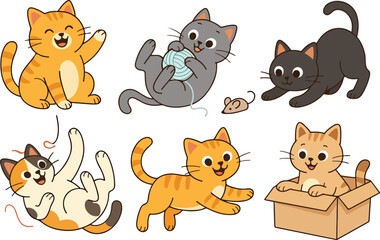 A charming collection of adorable flat design kittens captured in various playful poses. These cute and colorful kitten illustrations showcase their lively and friendly nature, perfect for pet-related
