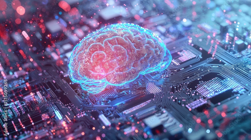 Aufkleber A macro image of a cognitive AI chip reveals detailed circuits and data processing units, representing the core of artificial intelligence.