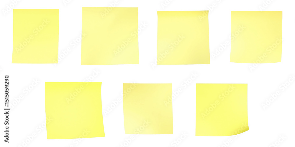 Poster collection of assorted yellow sticky notes on transparent background featuring various sizes and arr