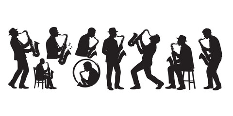 Obraz premium Man playing saxophone vector silhouettes set black color isolated on white background