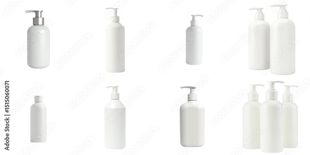Poster set of various white cosmetic and lotion bottles with pumps in different shapes and sizes on a trans