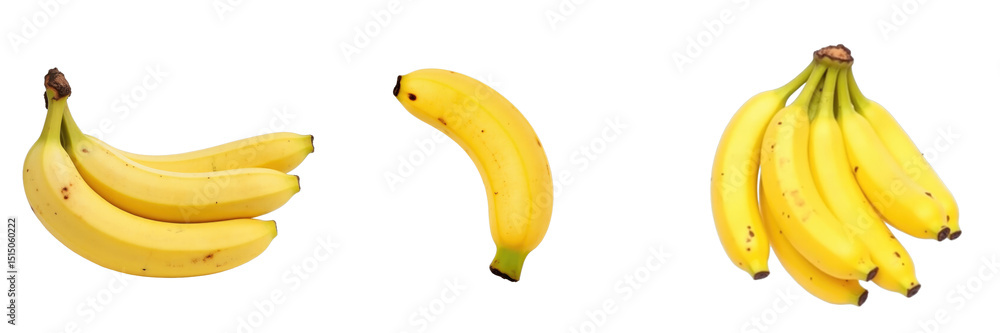 Poster variety of yellow bananas displayed on transparent background featuring bunches and single banana in