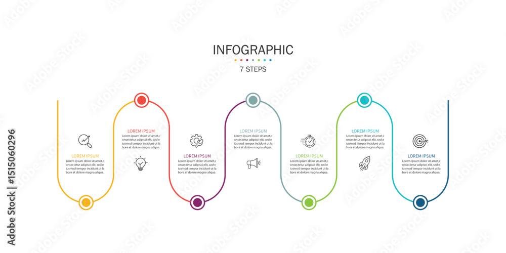 Aufkleber infographic line curve with 7 option. business presentation, vector illustration.