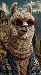 Llama in sunglasses, mountains