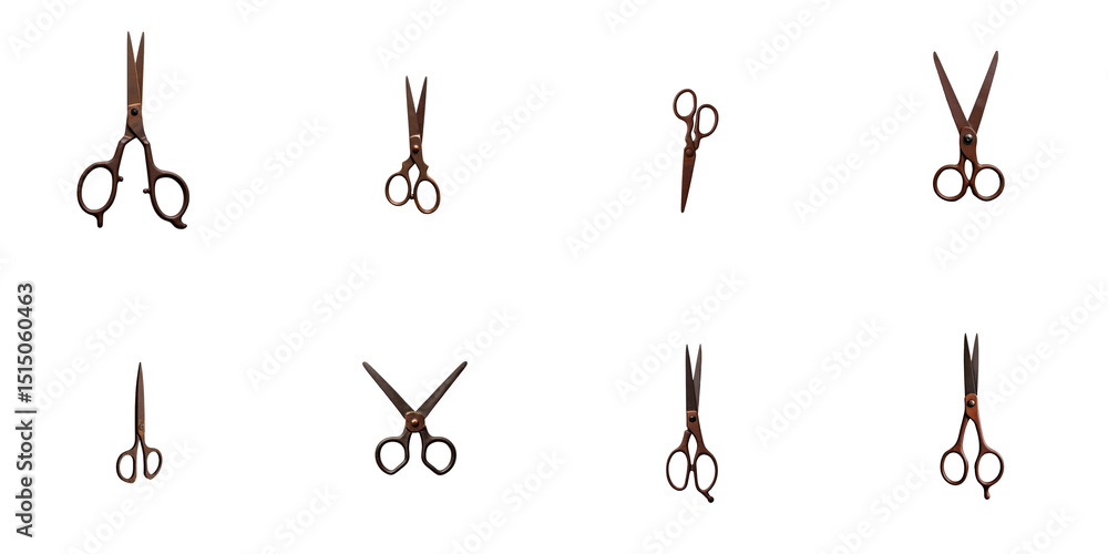 Poster collection of vintage scissors illustrations featuring various styles and angles on a transparent ba