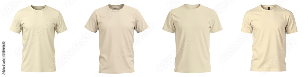 Poster collection of four plain cream t-shirts displayed on transparent background featuring different styl