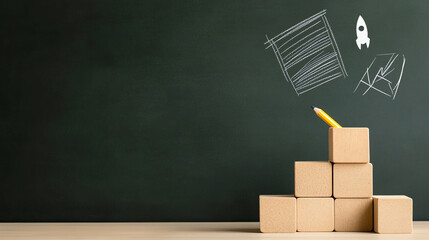 Creative workspace with stacked boxes and a pencil, symbolizing innovation and brainstorming in a modern office environment.