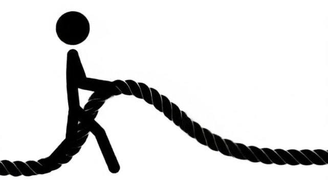 Minimalist Stick Figure Pulling Tensioned Giant Line &ndash; Dynamic Rope Bend, Resistance Tremors & Clean Vector Struggle Animation