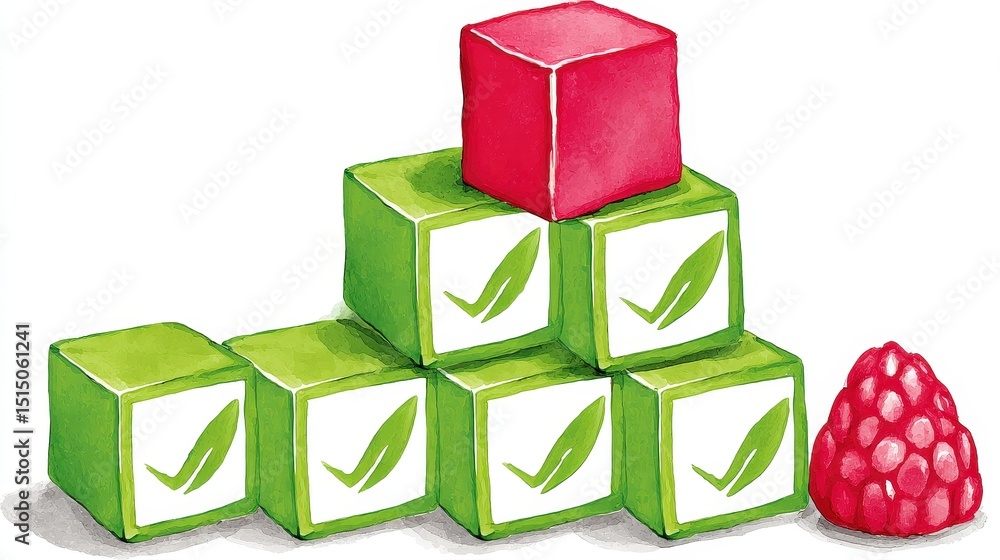 Poster colorful green and red cubes stacked on white background with fresh raspberry and leaf design