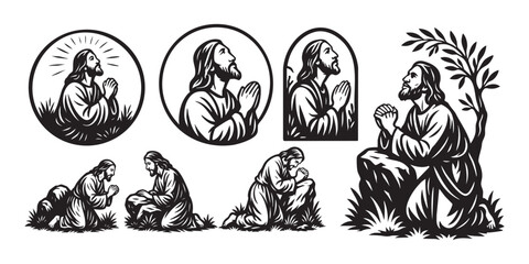 Obraz premium Jesus praying in Gethsemane vector illustration set black color isolated on white background