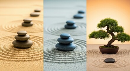 Zen Garden with Balanced Stones and a Miniature Bonsai Tree for Relaxation and Meditation Practice