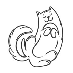 Cute cartoon doodle style cat outline in playful sitting pose, fluffy tail curled and content face. Vector illustration of cat for coloring, stickers, or fun kid s crafts and art.