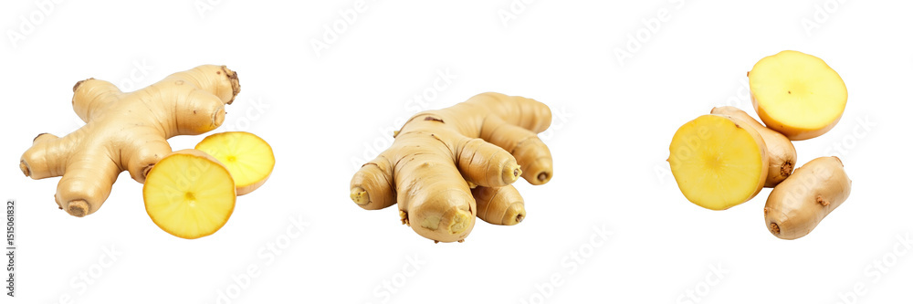 Aufkleber fresh ginger roots with slices on a transparent background showcasing their unique shapes and textur
