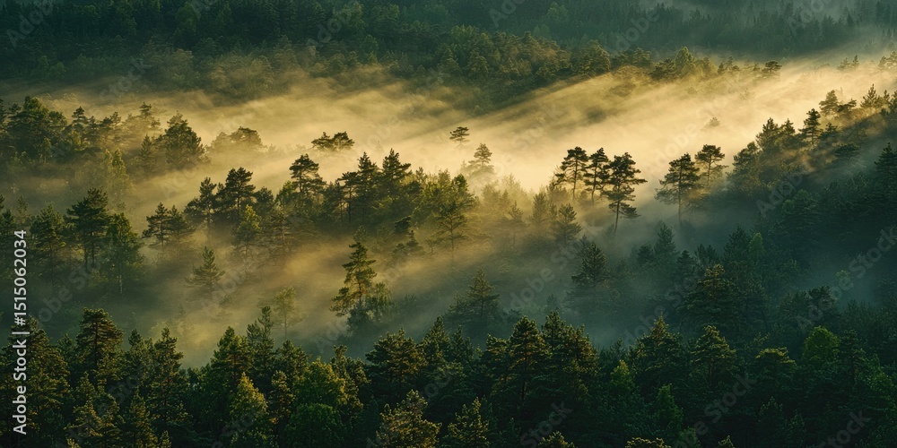 Poster a mist-covered wilderness at dawn, where soft light filters through fog and dense, untouched forest 