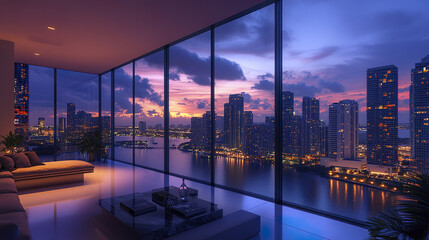 Obraz premium Luxurious apartment with breathtaking city skyline view at sunset, creating serene atmosphere
