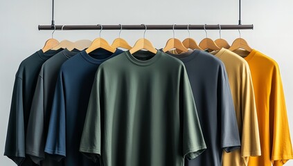 Obraz premium Assorted Long-Sleeve Tees on Rack with Dark Green, Navy, Brown, Gray, Sky Blue, and Black Colors Against Beige Background