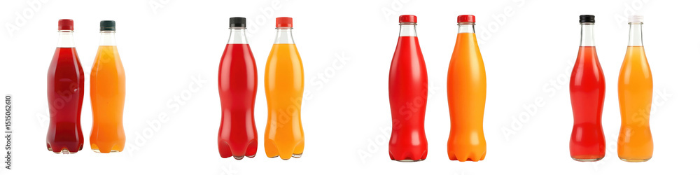 Poster collection of colorful soda bottles with various shapes and transparent labels displayed against a t