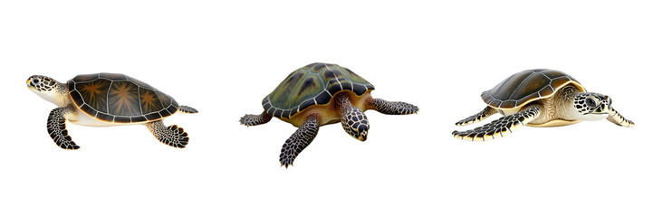 Fototapeta premium Realistic 3D Renderings of Three Distinct Sea Turtles in Various Poses with Detailed Shell Patterns and Textures Against a Solid transparent Background