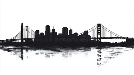 Minimalist San Francisco skyline silhouette with bridge reflecting on water