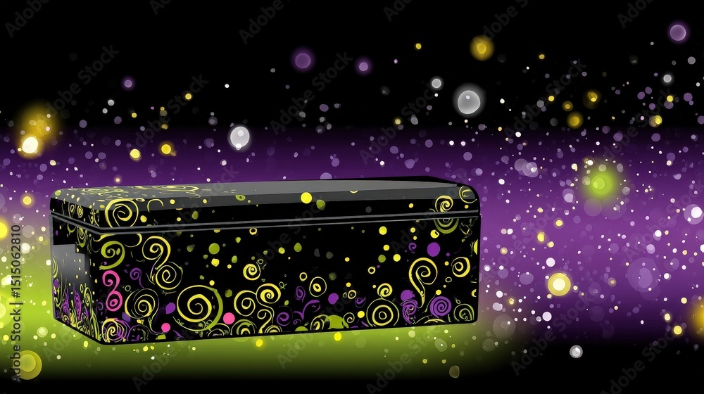 Poster colorful decorative box with swirling patterns and sparkling background effects
