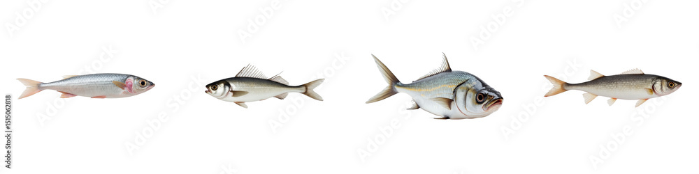 Poster collection of various realistic fish illustrations with distinctive features on a transparent backgr