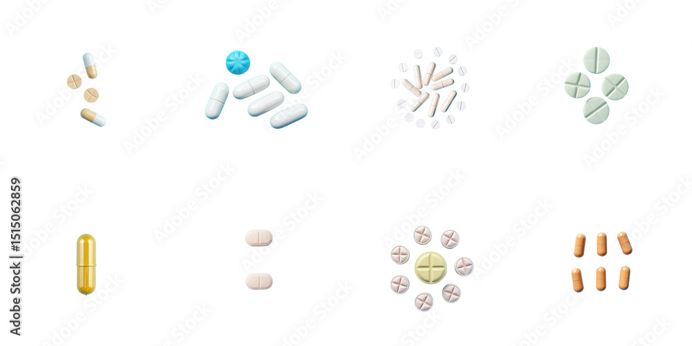Poster collection of various capsules and pills displayed on a transparent background featuring different s