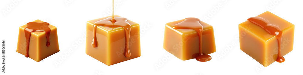 Poster caramel cubes collection featuring a dripping melted caramel effect on various sized cubes with a tr