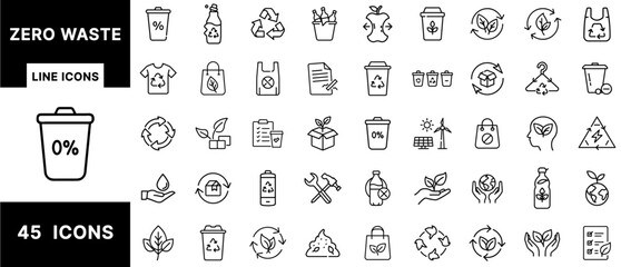 Zero Waste Line Icons Set Featuring Recycling, Composting, Eco Products, Sustainable Packaging, Plastic-Free Living, Reuse Strategies, and Waste Reduction Symbols