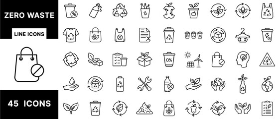 Zero Waste Line Icons Set Featuring Recycling, Composting, Eco Products, Sustainable Packaging, Plastic-Free Living, Reuse Strategies, and Waste Reduction Symbols