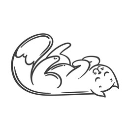 Funny and cute cartoon style cat outline laying on its back with fluffy tail and happy face. Cat outline vector illustration for coloring, children art, stickers, or prints