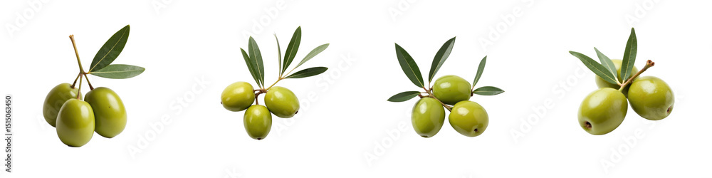 Poster collection of fresh green olives with leaves displayed on transparent background showcasing various 