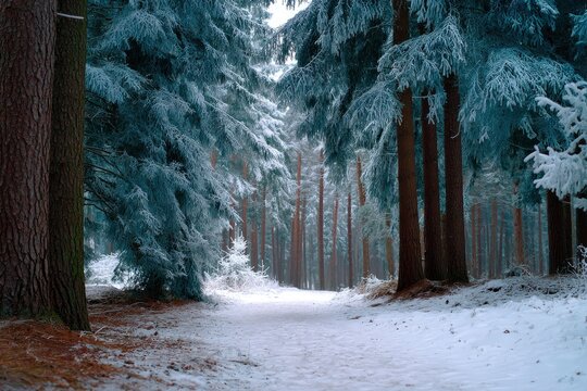 Snowcovered path through a forest of tall frosted evergreen trees in winter