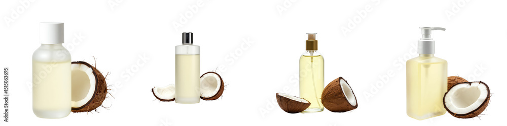 Aufkleber collection of coconut oil bottles with sliced coconuts displayed on transparent background featuring
