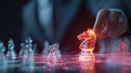 Businessman holding glowing digital knight chess hologram symbolizing strategy, innovation, technology, AI, and leadership.