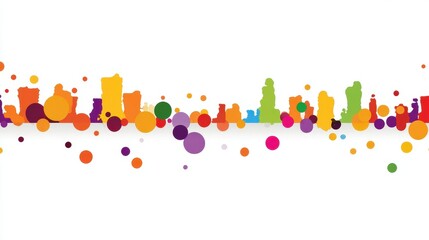 Fototapeta premium Colorful abstract dots and shapes creating a vibrant skyline silhouette on a white background