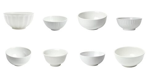 Collection of Eight Elegant White Bowls Featuring Various Shapes and Textures on a Dark Background, Ideal for Table Settings and Culinary Presentations