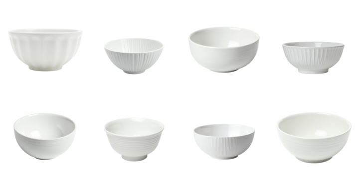 Collection of Eight Elegant White Bowls Featuring Various Shapes and Textures on a Dark Background, Ideal for Table Settings and Culinary Presentations