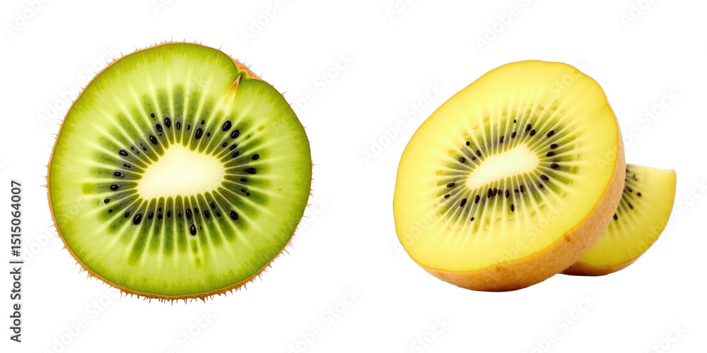 Poster sliced green and yellow kiwifruit on transparent background showcasing distinctive seed patterns and