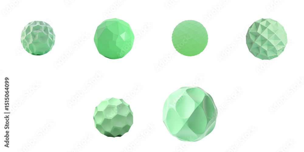 Poster collection of geometric green spheres featuring various facets and textures set against a transparen