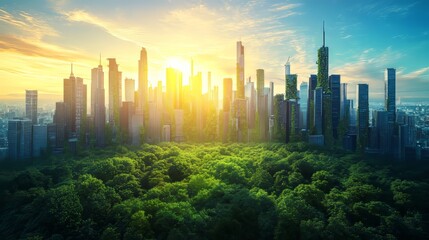 Futuristic eco-city with vertical garden skyscrapers and solar panel architecture, street-level view for green energy and urban planning visuals