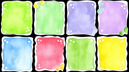 Colorful Hand-Painted Watercolor Squares with Unique Shapes and Bright Accents