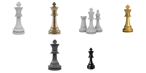 Collection of Chess Pieces in Various Colors Featuring a Gold King, Silver Rook, White and transparent Kings with Distinctive Cross Designs on a transparent Background