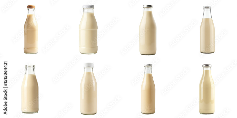 Poster collection of milk bottles in various designs and caps displayed against a transparent background fe