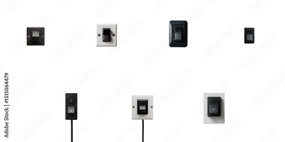 Poster collection of various light switches in different styles and colors set against a transparent backgr