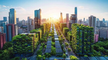 Obraz premium Futuristic eco-city with vertical garden skyscrapers and solar panel architecture, street-level view for green energy and urban planning visuals
